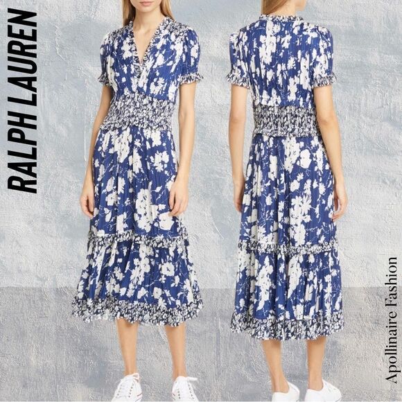 POLO RALPH LAUREN FLORAL TIERED RUFFLED MIDI DRESS SIZE 6 IN BLUE AND WHITE NWT - Picture 1 of 7